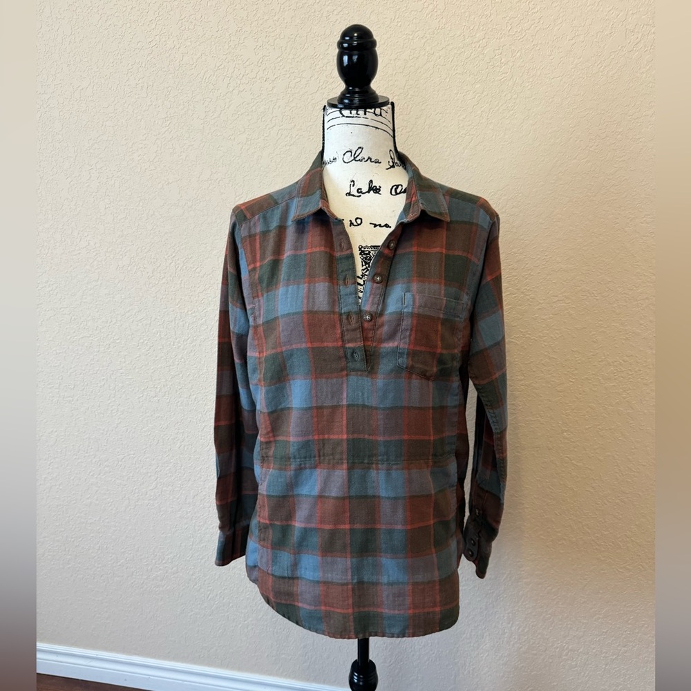 Toad&Co Plaid Half-Button Long Sleeve Shirt - Blue & Reddish Brown